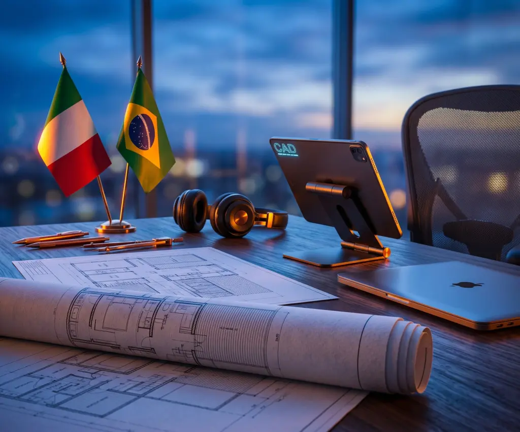 Bandeiras da Itália e do Brasil sobre mesa com plantas técnicas