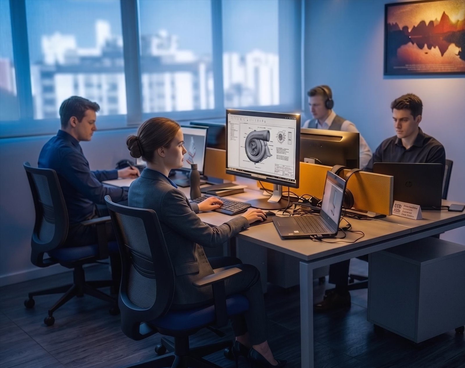 Equipe de engenharia trabalhando em projetos CAD